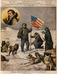 Amerikanischer Entdecker Cook pflanzt die US-Flagge am Nordpol, Illustration von Achille Beltrame (1871-1945), aus La Domenica del Corriere, 12. September