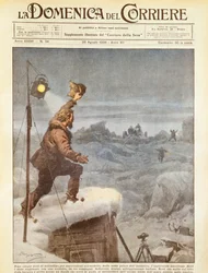 Amerikanischer Entdecker Richard E. Byrd, der nach fünf Monaten allein in der Antarktis von Gefährten begleitet wird, von Achille Beltrame, Illustration, Illustrator Achille Beltrame (1871-1945), aus La Domenica del Corriere, 26. August 1934