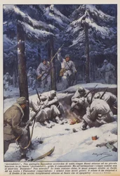 Ergebt euch! Eine finnische Patrouille umzingelt nachts fünf Russen um ein kleines Lagerfeuer im Wald