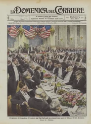 Haltungen des modernen Lebens, der Präsident der Vereinigten Staaten spricht bei einem Bankett durch