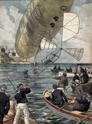 BELTRAME, Achilles (1871-1945); SANTOS DUMONT, Alberto (1873-1932). Brasilianischer Luftfahrtpionier. Das Luftschiff von Alberto Santos Dumont stürzt vor dem Casino von Monte Carlo ins Meer. Bild von Achille Beltrame für „La Domenica del Corriere“