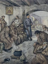 BELTRAME, Achilles (1871-1945). Russische Gefangene im Hungerstreik für die Freiheit ihrer tuberkulösen Mitgefangenen. Illustration von A. Beltrame, La Domenica del Corriere, 19. Juni