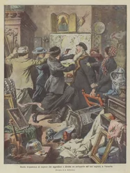 Räuberbande von Mädchen, die einen Antiquitätenhändler in seinem Geschäft in Warschau angreift und beraubt