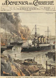 Schlachtschiff Potemkin bombardiert Odessa, von Achille Beltrame, Illustration, Illustrator Achille Beltrame, aus La Domenica del Corriere