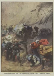 Militärkarawanen auf dem Weg von Tripolis zu den Forts, die Vorräte transportieren, vom schrecklichen Ghibli-Sturm getroffen