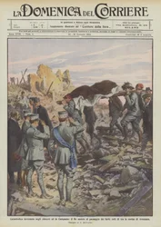 Katastrophales Erdbeben in den Abruzzen und in Kampanien, der König beobachtet den Transport der Verletzten