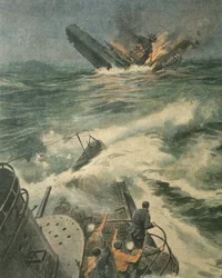 Titelillustration eines Maryland-Klasse amerikanischen Schlachtschiffs, das von einem italienischen U-Boot Barbarigo im Atlantischen Ozean während des Zweiten Weltkriegs versenkt wurde