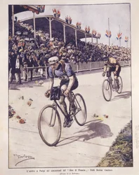 Titelbild der Ankunft der Tour de France-Fahrer, mit Petit-Breton als Sieger; Paris, Frankreich