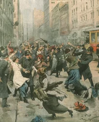 Titelillustration von Frauen, die gegen Arbeitslosigkeit auf der Straße protestieren; New York, USA