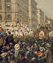 Menschenmengen während des Karnevals in Neapel, von Achille Beltrame, Illustration, Illustrator Achille Beltrame (1871-1945), aus La Domenica del Corriere, 31. Januar 1904