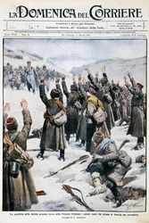 Niederlage der zehnten russischen Armee in Ostpreußen: Russische Soldaten heben die Arme zur Kapitulation, Tafel von Achille Beltrame (1871-1945) aus La Domenica del Corriere, 28. Februar-7. März 1915