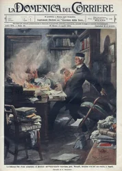Gestorben in seinem Labor in Neapel von Giuseppe Mercalli, italienischer Seismologe und Vulkanologe. Illustration von Achille Beltrame für „La Domenica del Corriere“. 1914.