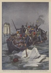 Dramatische Rettung in der Lagune von Venedig eines Bootes von Milchverkäuferinnen, das von einer Eisscholle getroffen wurde