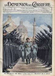 Duce Benito Mussolini inspiziert die „Moschettieri“ der Freiwilligen Miliz für Nationale Sicherheit in Rom. Illustration von Achille Beltrame in „La Domenica del Corriere“, 14/02/1937.