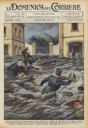 Während der Überschwemmung, die die Gegend von Cecina (Livorno) traf, ein Soldat, der auf seinen Hauptmann wartete