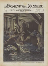 Moderne Helden, Ingenieur Binder, der die überflutete Mine in Brux (Böhmen) erhellt, die Arbeiter rettet und für sie stirbt