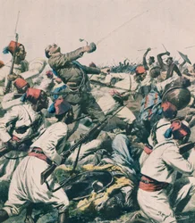 Äthiopischer Angriff auf die Garnison von Lugh und Tötung von Hauptmann Bongiovanni, Illustration, Achille Beltrame (1871-1945), aus La Domenica del Corriere