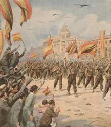 Francos Spanien zieht mit seinen Siegesfahnen in Madrid ein, Achille Beltrame, aus La Domenica del Corriere, 2. April