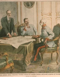 Franz Joseph I., Kaiser von Österreich, diskutiert die Besetzung Montenegros, Titelillustration aus 