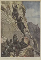 Die Alpini erklimmen die senkrechten Wände nordöstlich des Cauriol und schlagen Eisen in die Felsen, die als Stufen dienen