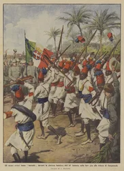 Die eritreischen Askaris paradieren vor der ruhmreichen Fahne des 84. Infanterieregiments während ihres Ausflugs