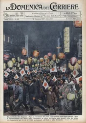 Große Parade der Einwohner Tokios, um Italien und Deutschland nach der Anerkennung des neuen Staates Mandschukuo zu huldigen. Illustration von Achille Beltrame in 