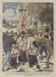 Die Unruhen in Spanien, ein religiöser Umzug von Liberalen und Karlisten in Gijon (Asturien) angegriffen