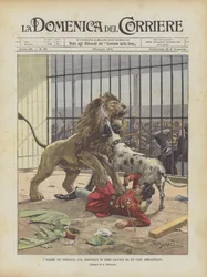 Die Dramen in den Menagerien, eine Tierdompteuse von einem trainierten Hund gerettet