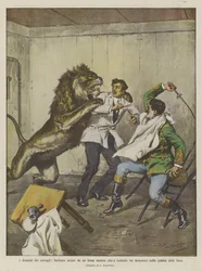 Die Dramen der Menagerien, Friseur von einem Löwen getötet, während er einen Dompteur im Käfig rasierte