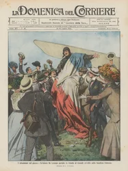 Die Triumphatoren des Tages, der Flieger De Lesseps wird in Kanada in der französischen Flagge gehüllt triumphierend getragen