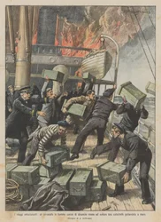 Spannende Reisen, ein brennendes Schiff beladen mit Dynamit vermeidet eine Katastrophe, indem es die Ladung ins Meer wirft