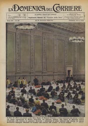 Der Duce hat in der Sala Regia des Palazzo Venezia ein Mittagessen für etwa siebenhundert Arbeiter angeboten