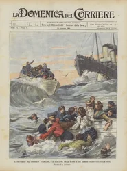 Das Schiffswrack des Dampfers Ckallam, die Rettungsboote der Frauen und Kinder werden von den Wellen verschlungen