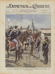 Der König übergibt die alte, ruhmreiche Fahne, die aus der Waffenkammer von Turin stammt, an die Artillerie