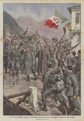 Der König und Salandra besuchen die Front unseres Krieges, unter dem begeisterten Jubel der Truppen