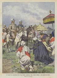 Die Reise des Zivilgouverneurs in die westliche Region der Kolonie Eritrea, die Häuptlinge präsentieren Geschenke