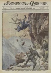 Der schöne Schlag eines Alpini, der mit einer Schlinge ein österreichisches Maschinengewehr und seinen Bediener ergreift und stürzt