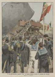 Der Stapellauf des gepanzerten Kreuzers Pisa in der Werft Orlando in Livorno, die Taufzeremonie