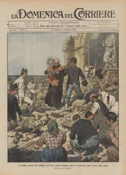 Der alte Pfarrer des Dorfes Faro bei Messina rettet das Allerheiligste aus den Trümmern der Kirche