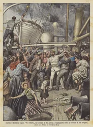 Brand an Bord des Dampfers Re Umberto in der Nähe von Rio de Janeiro, der Kapitän löscht das Feuer