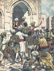 Indien. Dürre verursacht Epidemien. Lebensmittelverteilung. Illustriert von Antonio Beltrame. La domenica del Corriere. 26. Februar