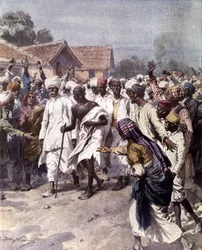 Der indische politische Führer und spirituelle Führer Mohandas Karamchand Gandhi (1869-1948) (Mahatma) begann am 12.03.1930 einen Salzmarsch, um die Unabhängigkeit Indiens von den Briten zu erlangen. Illustration von Achille Beltrame aus 