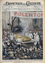 Italienisches Volksfest: Riesige Polenta (polentone) in einer Stadt in der Nähe von Asti in Venetien. Illustration von Achille Beltrame in 