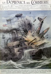 Japanische Selbstmordflieger explodieren auf feindlichen Schiffen - in „La Domenica del Corriere“, 21. November 1943