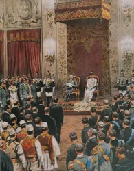 König von Italien, Vittorio Emanuele III. von Savoyen, wird zum König der Albaner gekrönt, von Achille Beltrame, Illustration, Illustrator Achille Beltrame, aus La Domenica del Corriere