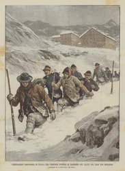 Die temporäre Auswanderung in Italien, eine Karawane von Arbeitern beim Überqueren des Großen Sankt Bernhard-Passes