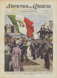 Die Übergabe der Fahne, die von den Damen von Taranto an das neue Schlachtschiff der 5. Klasse gemacht wurde