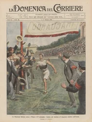 Der italienische Marathonlauf in Mailand am 27. September, das Eintreffen des Siegers am Ziel in der Arena