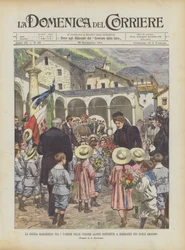 Königin Margherita unter den Kindern der Alpenkolonien, die in Gressoney zusammengekommen sind, um ihr zu huldigen