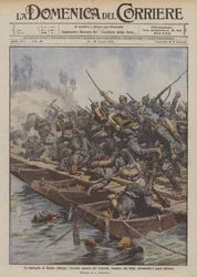 Die Schlacht von Haelen (Belgien), schrecklicher Angriff der Deutschen, zurückgeschlagen von den Belgiern über die Militärbrücken